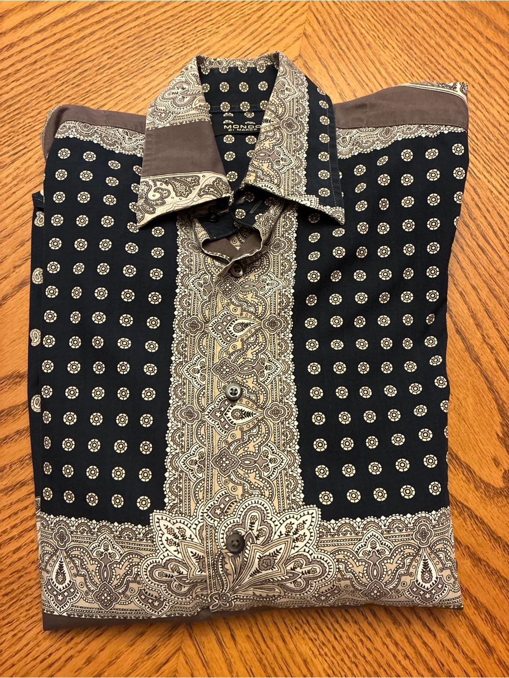Mondo Di Marco Men's Paisley Patchwork Button-Up Shirt in Black and Brown vtg - Picture 10 of 10